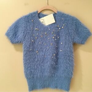 NWT ZARA Short sleeved Fussy Fur Jewel Sweater Top Blue 7901/339 Women M